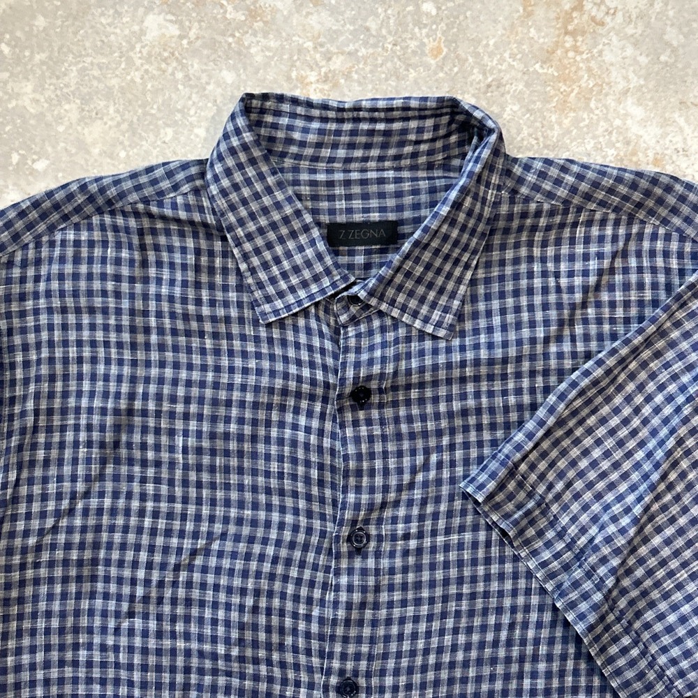 Ermenegildo Z Zegna Shirt Men XL Grey Blue Plaid Slim Linen Short Sleeve Button